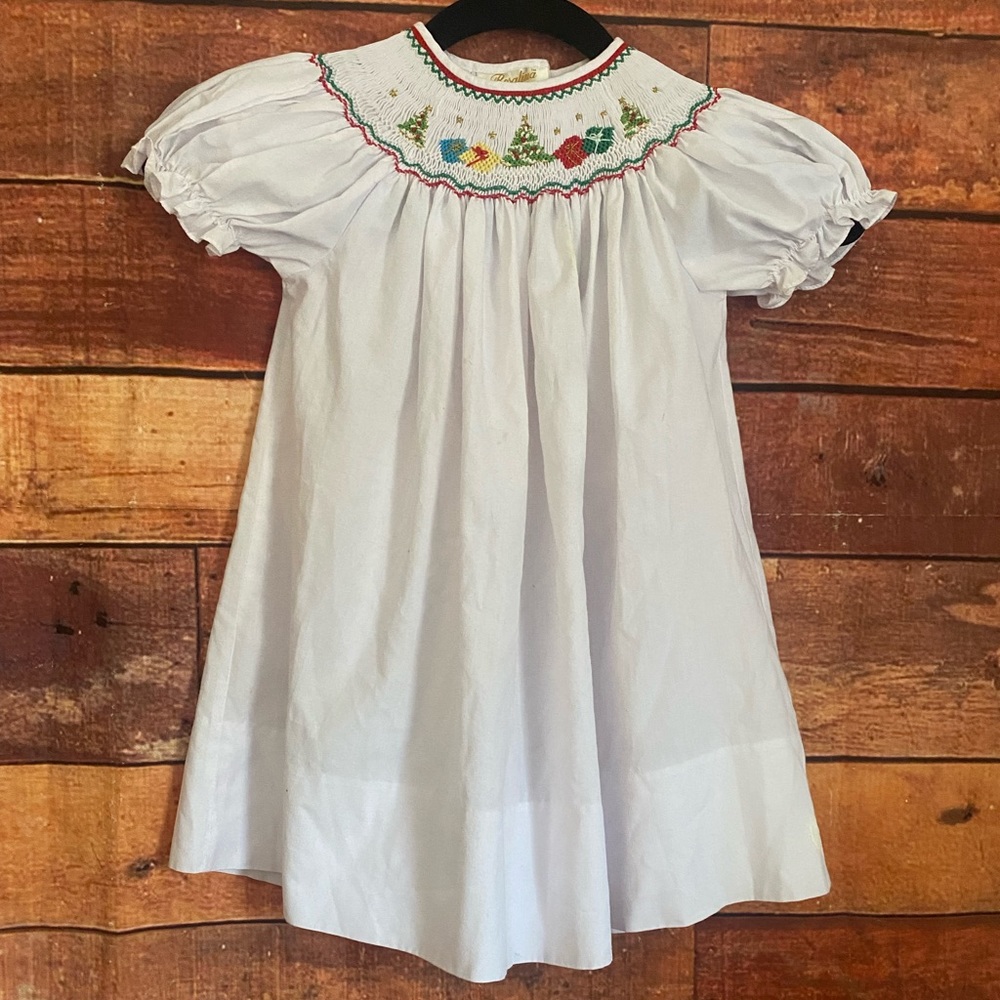 Rosalina- 18 Month Baby Girl White Smock Neck Short Sleeve Christmas Dress